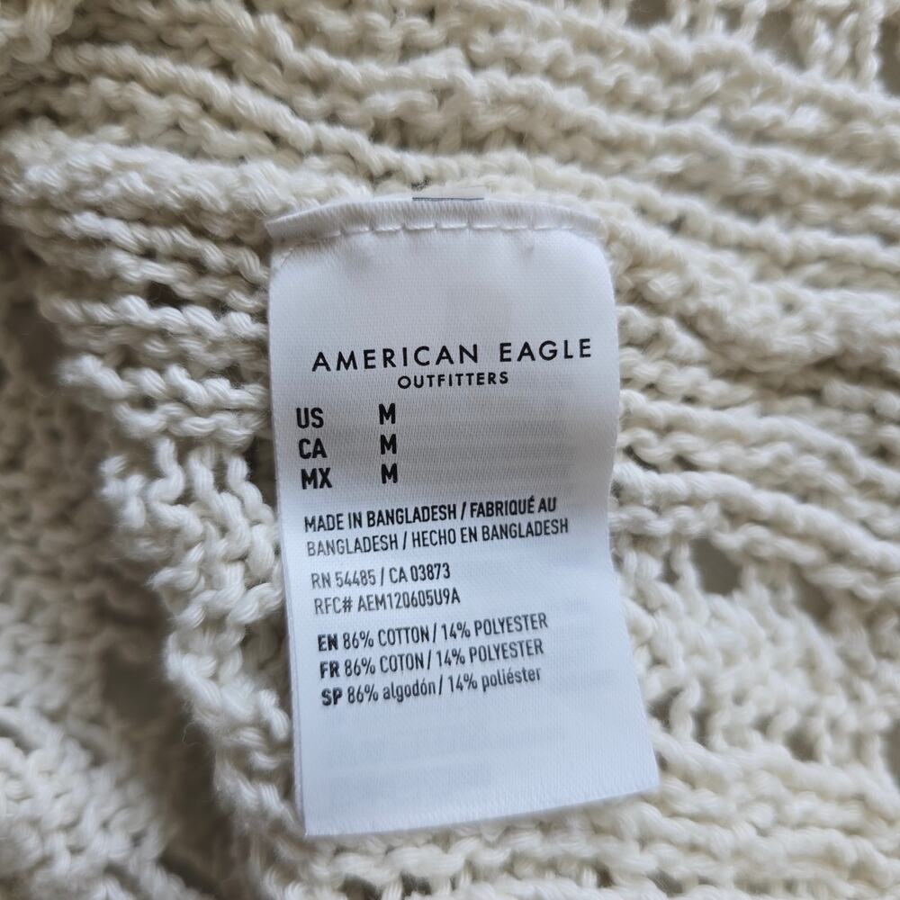 American Eagle Crochet Open Knit Polo Shirt Size M Cream Tassel Cottage Beachy - Picture 7 of 9
